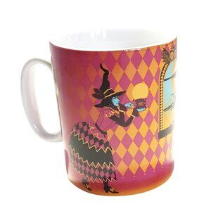 Totally Ghoul Halloween Witch Ceramic Mug Pink/Orange Harlequin Cat & Bat Design